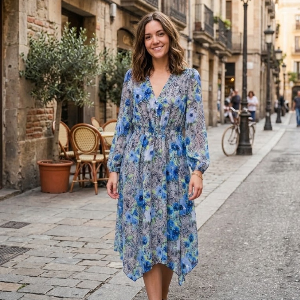 Elegant Asymmetrical Floral Dress in Blue